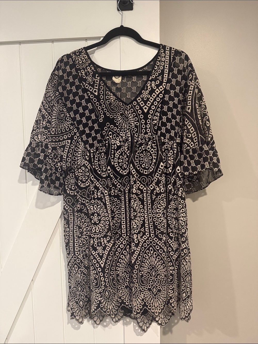 Black and Cream Paisley-Print Smocked Tunic Dress